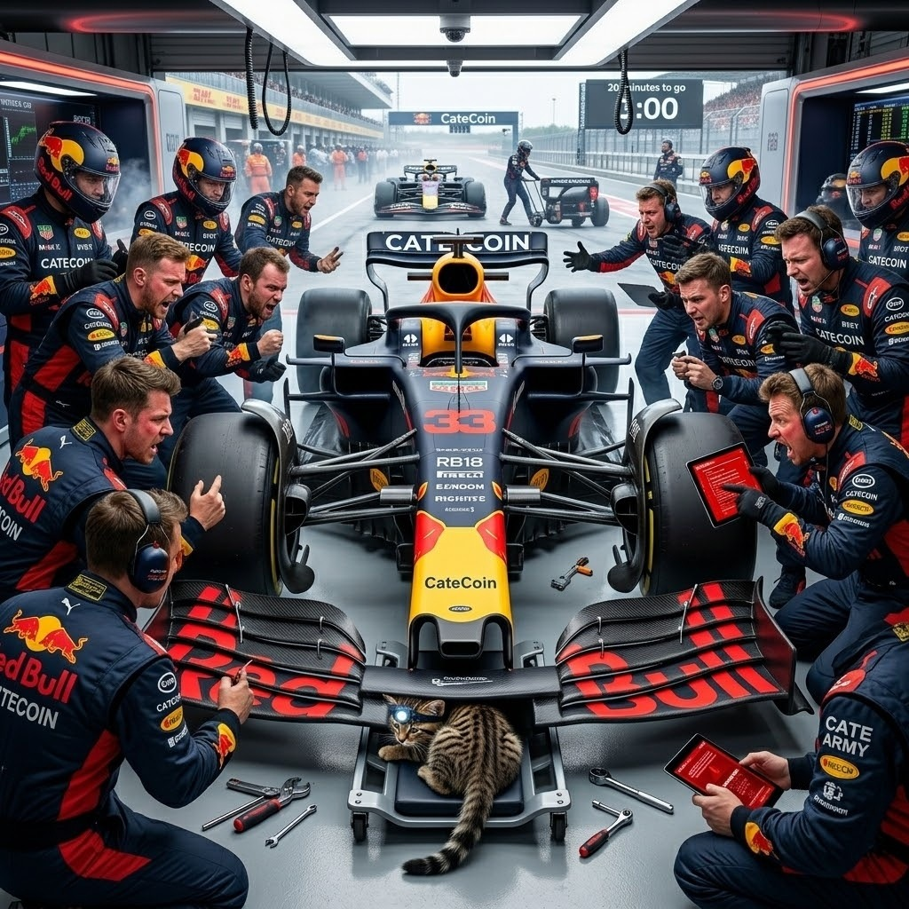 Cat at the CateCoin Formula 1 pit stop