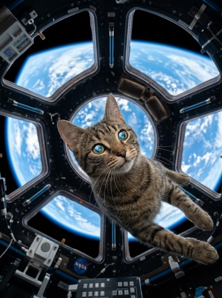 Cat floating in the space station cupola