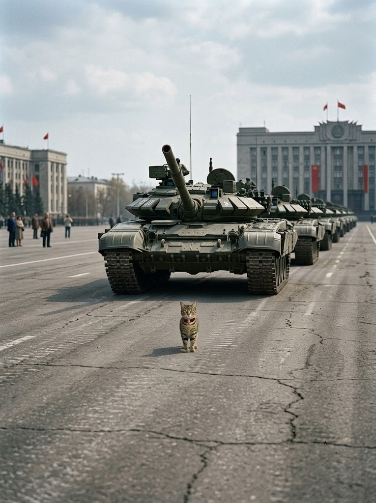 Cat facing a column of tanks