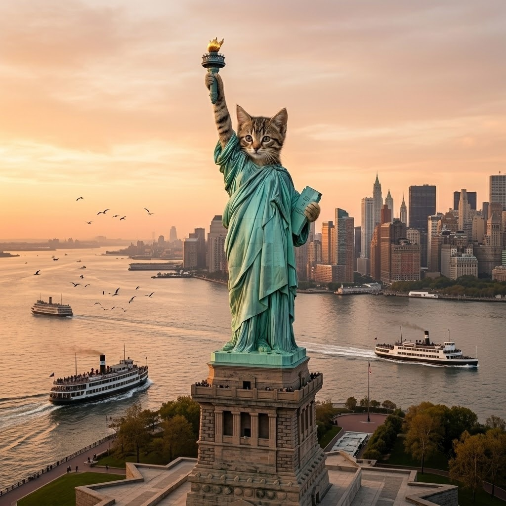 Cat as the Statue of Liberty over New York harbour